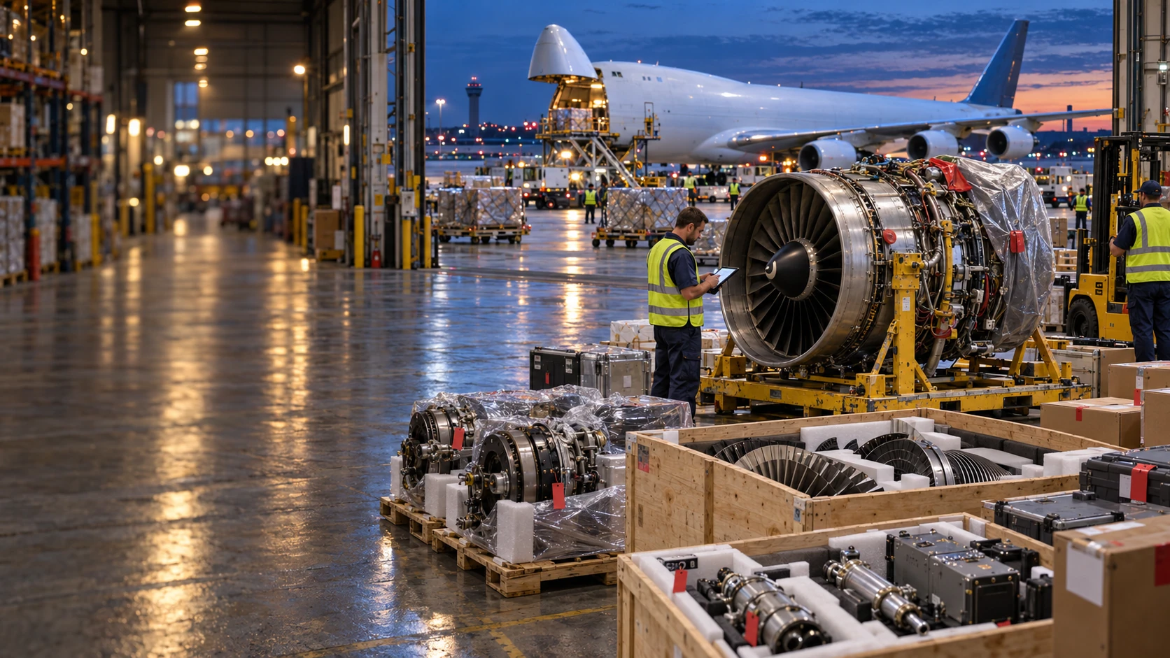 Aircraft engines and aviation components being prepared for urgent AOG air freight