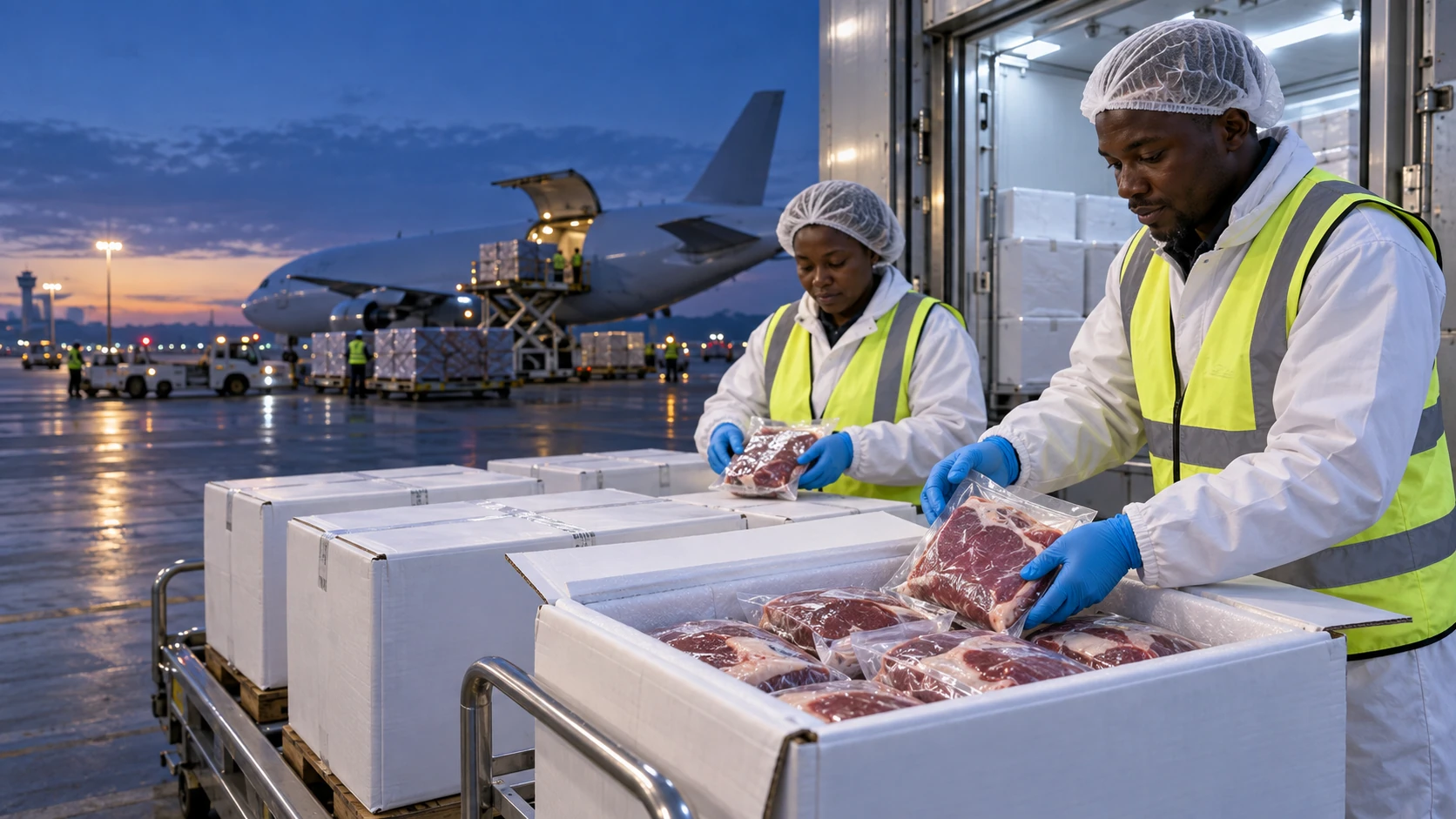 Hygienically packed meat being prepared for refrigerated air cargo by Kenyan staff