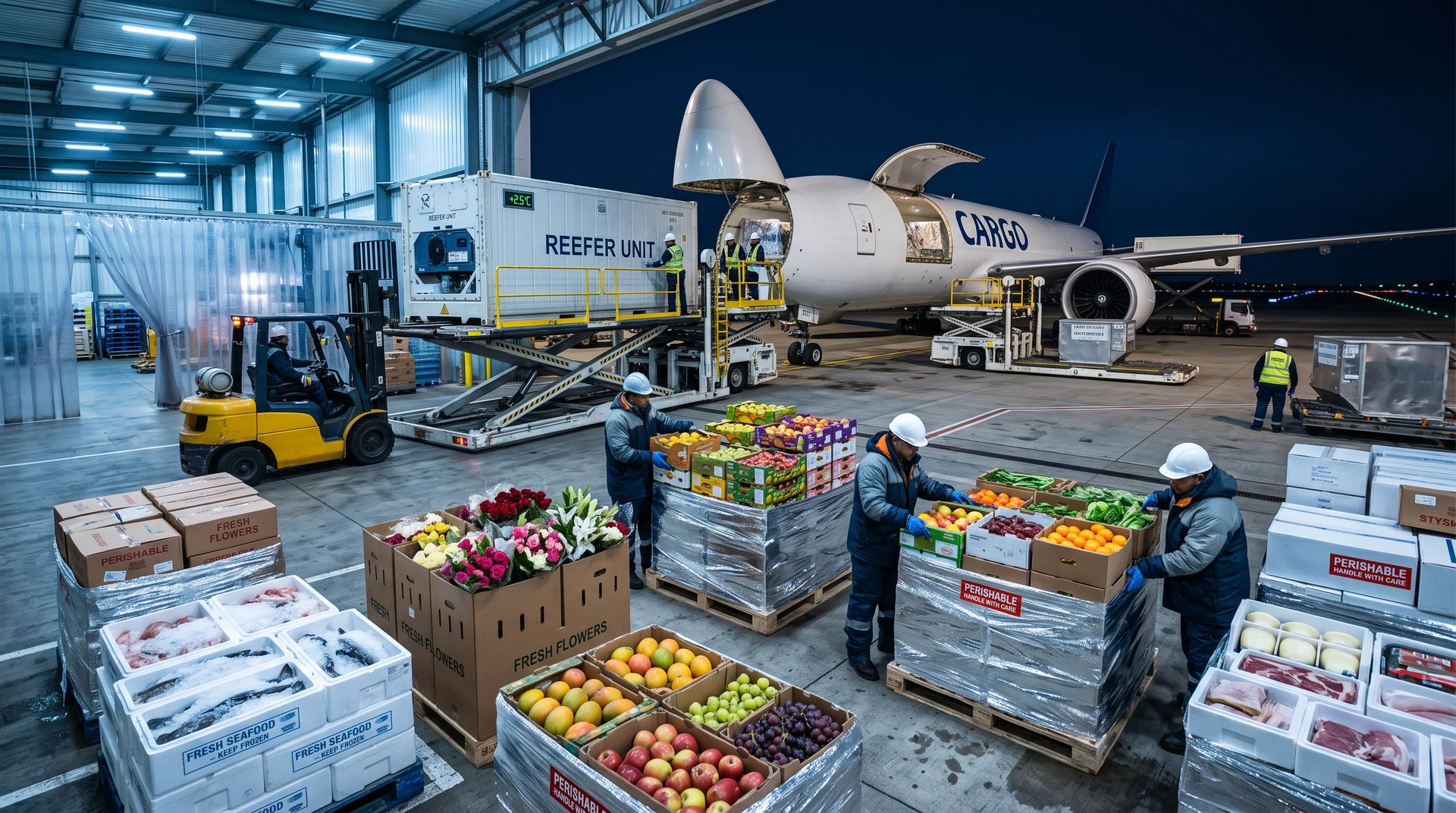 Temperature-controlled cargo handling beside a freight aircraft