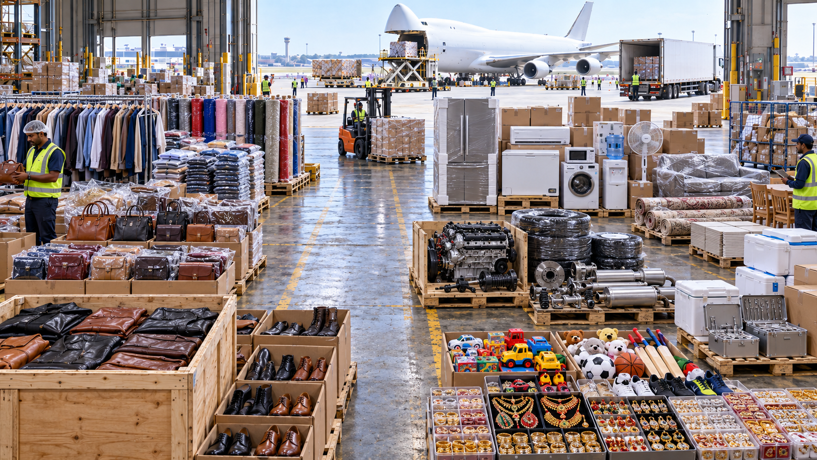 Clothing, household goods and other general freight prepared for shipment beside a cargo aircraft