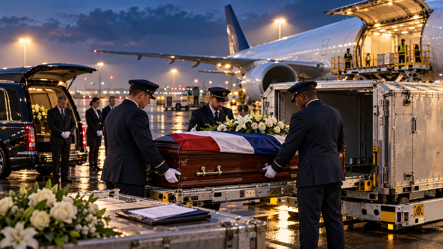 A team respectfully preparing a coffin for repatriation by air